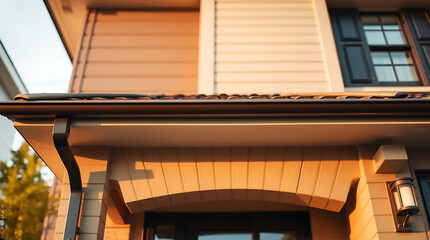 Fototapeta premium Luxury House Exterior: Golden Hour Architecture and Design. Modern Home Facade with Warm and Cozy Ambiance. Elegant Residential Building with Stylish Roof and Gutter Details.