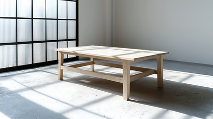 A wooden coffee table sits in a room with a large window. generated by AI
