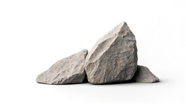  group of three gray rocks with varying shapes and sizes, positioned against a plain white background. The rocks exhibit a rough texture, characterized by natural fractures and irregular surfaces. 