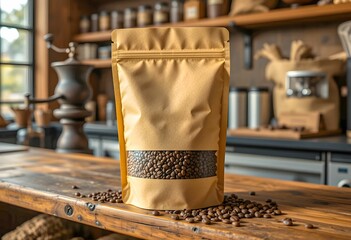 Brown Stand-Up Pouch with Coffee Beans on a Wooden Countertop in a Cafe