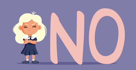 Stubborn Naughty Girl Saying No Vector Cartoon Character. Sad unhappy toddler child acting defiant and cheeky 
