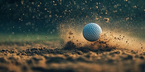The golf ball hits the sand, creating splashes of dirt and powder.