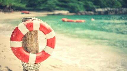Tranquil beach scene, life preserver on sandy shore with sailboat in background life