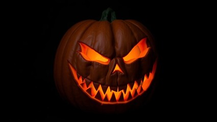 Scary jack o lantern with malevolent smile, A menacing jack-o-lantern with a twisted, malevolent smile, its carved face glowing with an eerie, warm orange light