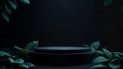 Round black background with raindrops, with no objects placed there in the foreground is an empty podium for product presentation, dark and monstera leaves