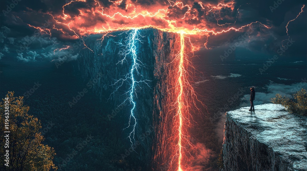 Poster on the edge of the cliff, there is a forest on the opposite side. there is a thick red lightning and