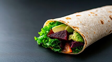 Freshly made wrap filled with vibrant vegetables on a dark surface, showcasing healthy eating