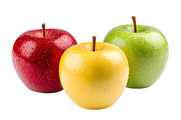 Three fresh vibrant apples with water drops png isolated on transparent background