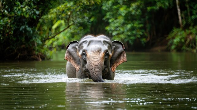 An Asian elephant bathing in a river in a rainforest.