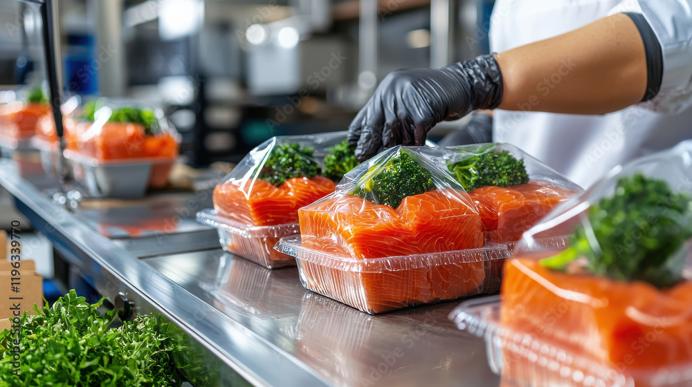 Aufkleber high tech food packaging system using ai for optimal salmon and broccoli. fresh ingredients are care