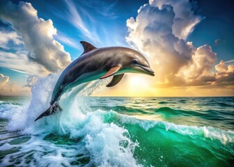Fototapeta premium Ocean wildlife photography at its finest: leaping dolphins.