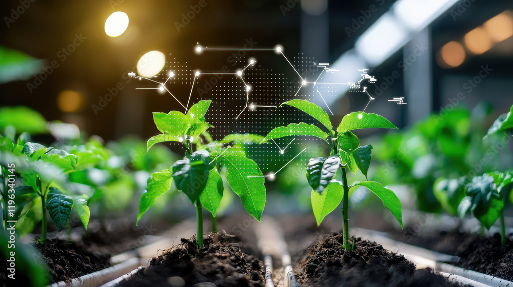 Poster high tech farming with plants growing in soil, showcasing advanced agricultural technology and monit