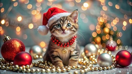 Santa kitten, a Christmas miracle!  Tiny paws bat at shimmering ornaments, festive joy.