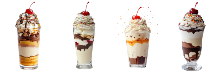 A Set of Delicious Ice Cream Sundaes with Whipped Cream and Flavors Isolated on Transparent Background