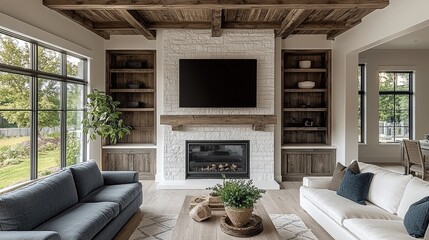 A modern farmhouse living room with white walls, grey blue accents, white stone fireplace, dark wood accents, wood plank ceiling, grey accent wall, grey sofa.