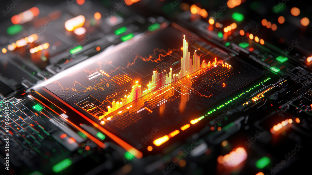 Leinwandbilder high tech visualization of stock market analysis with glowing graphs and data. intricate circuit boa