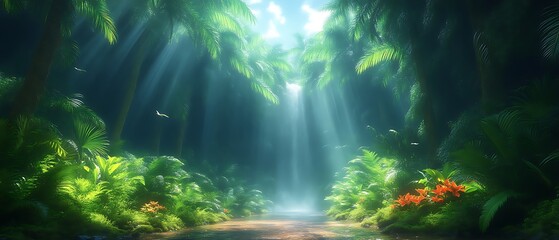 Fototapeta premium Sunbeams in Lush Tropical Jungle Path.