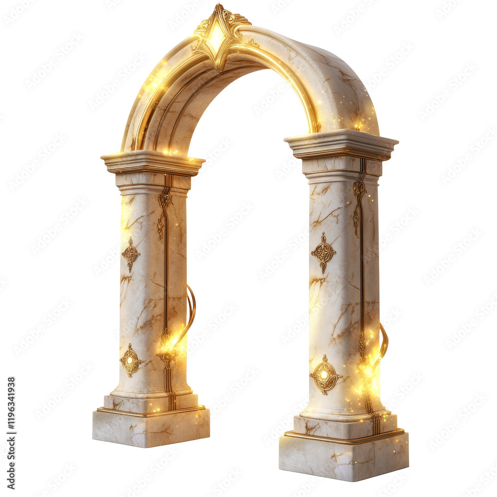 Poster a 3d rendering of an ornate golden and marble archway, illuminated with sparkling lights, suggesting