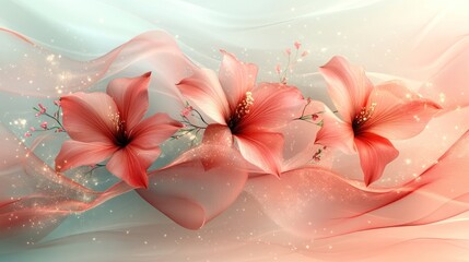 Coral flowers, fabric, sparkle, wall art, serene