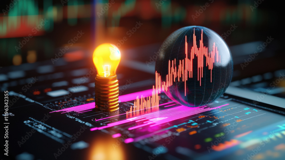 Poster modern artistic illustration of currency analytics featuring glowing light bulb and 3d graph. vibran