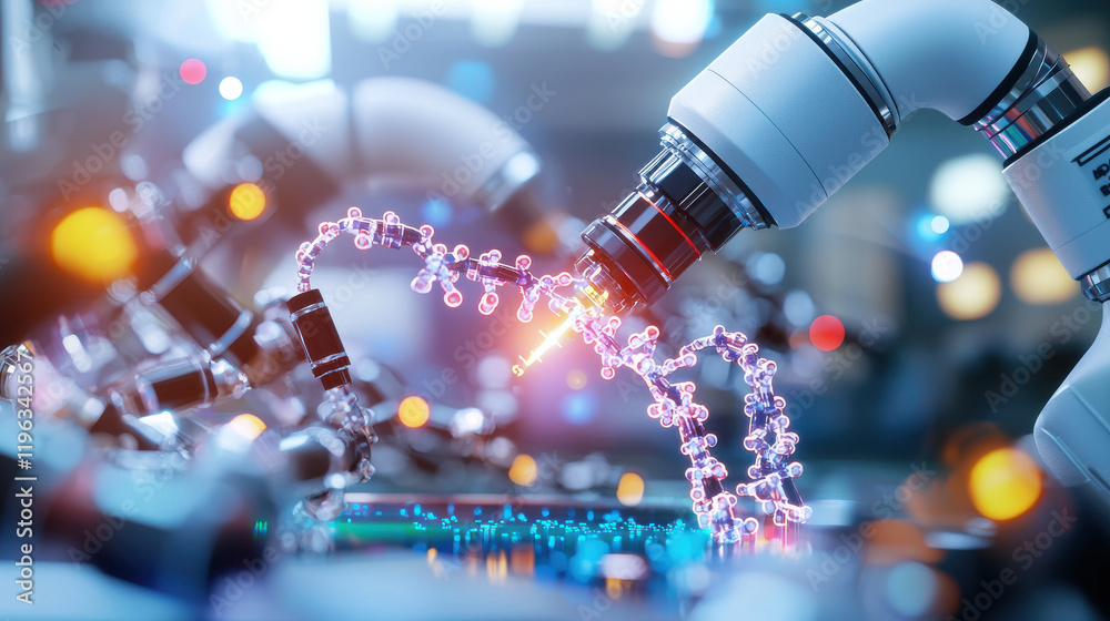 Poster modern illustration of robotics and nanotechnology enhancing biotechnology, showcasing robotic arms 