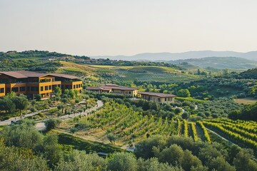 Fototapeta premium Tuscan Vineyard Panorama: Rolling Hills, Sun-Drenched Vines, Italian Countryside sky wine view rows 