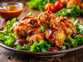 Fototapeta premium Sweet sauce enhances crispy fried chicken in a stunning salad; architectural photography captures its beauty.
