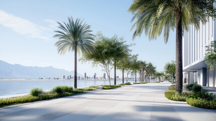 Fototapeta premium Coastal Promenade with Palm Trees