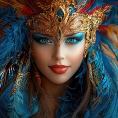 A beautiful Brazilian woman celebrating Carnival, wearing an elegant gold mask adorned with intricate details and colorful feathers in shades of blue, red, and yellow.