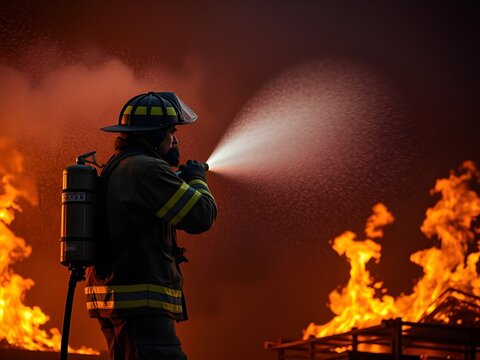 Un bombero rociando agua a alta presi&oacute;n y niebla para combatir intensos incendios de petr&oacute;leo.