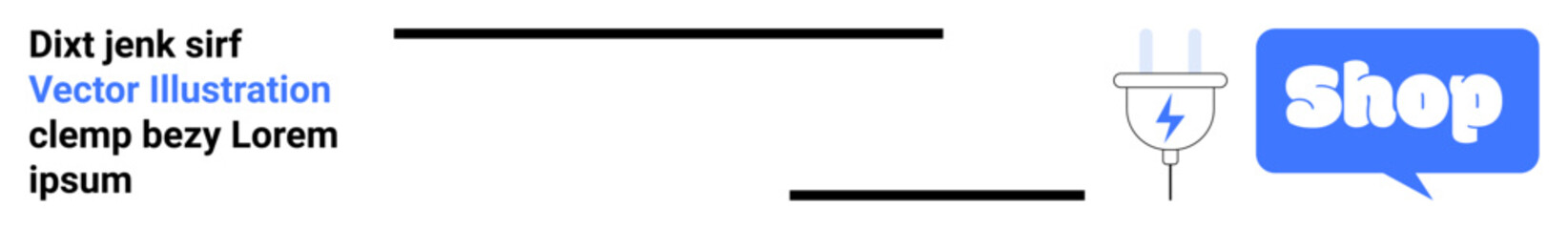 Plug icon next to a speech bubble with Shop text. Ideal for online shopping, ecommerce, technology, digital marketing, web design. Banner for landing page