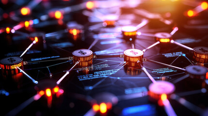 modern visualization of global money flow, showcasing interconnected financial networks with glowing nodes and dollar symbols. This represents dynamic nature of digital finance