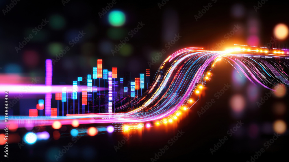 Poster vibrant visualization of data flow with colorful light trails and graphs, representing modern technology and finance. dynamic movement evokes sense of energy and innovation