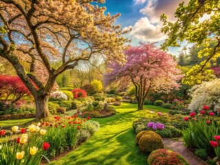 Naklejka premium Welsh spring bloomsâ€”a vintage photographic journey through vibrant gardens, perfect for banners.