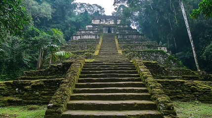 A giant stone staircase leading up to an ancient temple surrounded by dense jungle