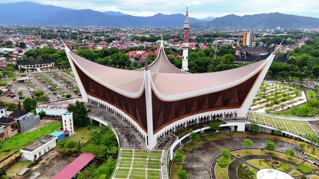 Aerial video of Masjid Raya Sumatera Barat or known as Masjid Raya Syekh Ahmad Khatib Al Minangkabawi 