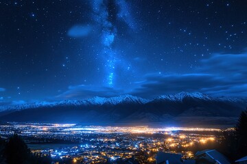 Celestial Dream: A Mystical Starry Night Sky with Glowing Blue Nebula Centerpiece art web dark card 