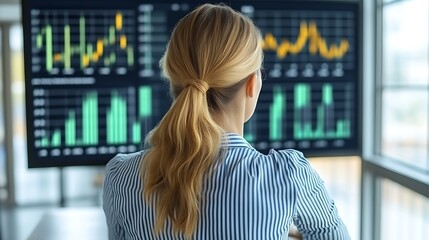 Woman analyzing financial data on large screen. (1)