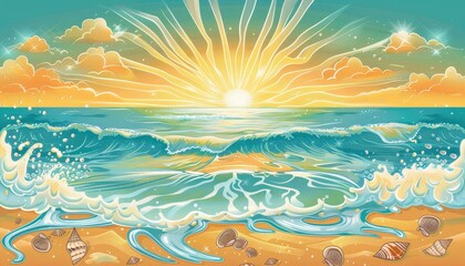 Fototapeta na wymiar A beautiful sunrise over a calm ocean with waves breaking on a sandy beach.