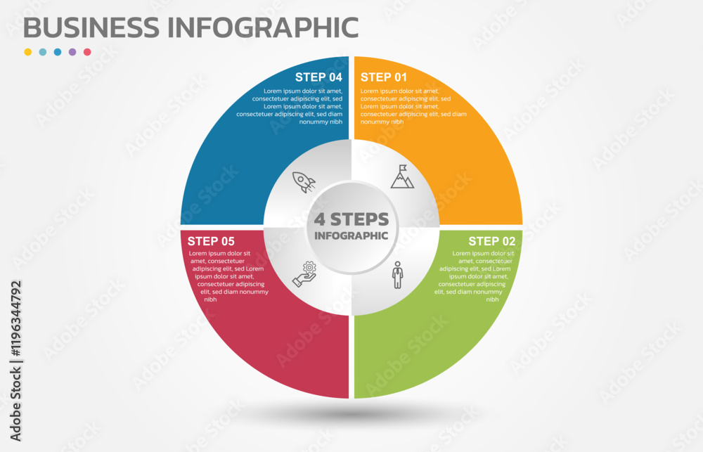 Poster Visual data presentation. Cycle diagram with 4 options. Pie Chart Circle infographic template with 4 steps, options, parts, segments. Business concept. Editable pie chart with sectors.