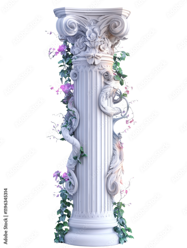 Poster a digitally rendered image depicts an ornate marble column entwined with flowering vines, showcasing