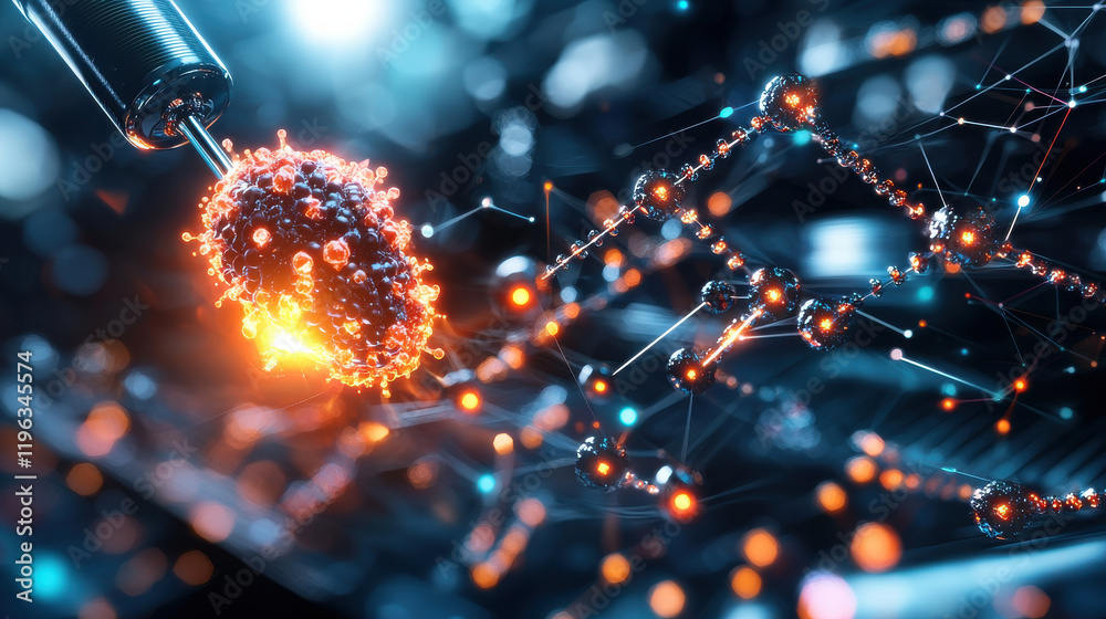Poster vibrant depiction of biotechnology showcasing molecular structures and nanotechnology. image highlig