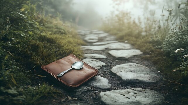 A leather pouch with a silver spoon on the stone path of a misty garden