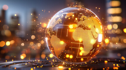 vibrant depiction of glowing globe representing global financial trends, illuminated by warm orange lights against blurred cityscape background