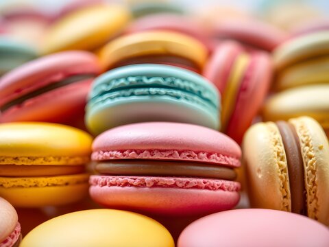 Vista de cerca de coloridos macarons franceses, que muestran vibrantes tonos pastel y texturas delicadas.