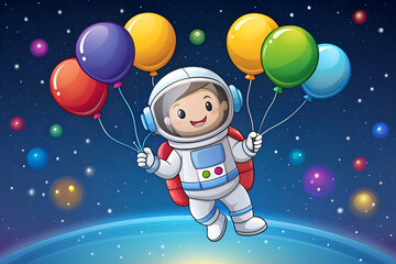 Joyful Astronaut Child Soaring Through Space with Balloons