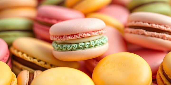 Elegante arreglo de macarons franceses en varios colores, resaltando su apariencia encantadora y deliciosa.