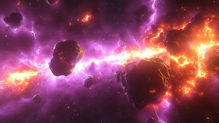 Obraz premium Fiery cosmic collision with asteroids and lightning.