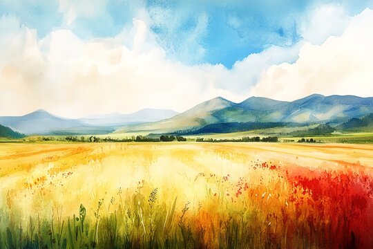 Vibrant Watercolor Landscape: Colorful Fields and Majestic Mountains sky art card calm hills decor  