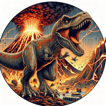 art of T-Rex roaring in front of a volcano eruption, digital comics style, highly detailed, masterpiece, no word or alphabet. Dynosaur tshirt design. Dinosaurus tshirt design with comic style